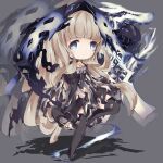 1girl angry bangs blonde_hair blue_eyes blunt_bangs boots chibi choker cloak closed_mouth detached_sleeves dress eyebrows_visible_through_hair frown grey_background highres long_hair looking_at_viewer possessed red_riding_hood_(sinoalice) sidelocks simple_background sinoalice solo standing standing_on_one_leg thigh_boots thighhighs wavy_hair wolf xxviii_xi 