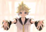  1boy arm_warmers backlighting bass_clef black_collar blonde_hair blue_eyes collar commentary curtains headphones incoming_hug kagamine_len looking_at_viewer male_focus naoko_(naonocoto) necktie outstretched_arms sailor_collar school_uniform shirt short_sleeves smile solo spiked_hair upper_body vocaloid white_shirt window yellow_neckwear 