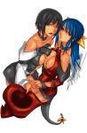  2girls bare_shoulders black_hair blue_eyes blue_hair breasts cosplay costume_switch dizzy_(guilty_gear) dress guilty_gear guilty_gear_xx hat hat_removed headwear_removed i-no long_hair looking_at_viewer multiple_girls red_eyes short_dress short_hair tail wings witch_hat yuri 