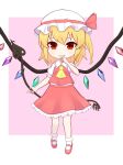  1girl ascot bangs blonde_hair bobby_socks bow chibi closed_mouth commentary_request crystal eyebrows_behind_hair fang fang_out flandre_scarlet frilled_shirt_collar frills full_body hair_between_eyes hand_to_own_mouth hat hat_bow highres holding holding_weapon laevatein_(touhou) light_blush looking_at_viewer mary_janes mob_cap one_side_up petticoat puffy_short_sleeves puffy_sleeves red_bow red_eyes red_skirt red_vest shoes short_hair short_sleeves skirt smile socks solo standing touhou toyomagorilla vest weapon white_headwear wings yellow_neckwear 