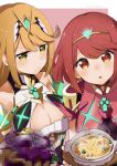  2girls bafarin bangs bare_shoulders blonde_hair breasts chest_jewel cleavage cleavage_cutout clothing_cutout highres large_breasts long_hair multiple_girls mythra_(xenoblade) pyra_(xenoblade) red_eyes red_hair short_hair swept_bangs very_long_hair xenoblade_chronicles_(series) xenoblade_chronicles_2 yellow_eyes 