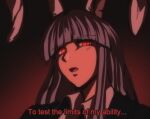  1990s_(style) 1girl animal_ears blazer collared_shirt english_text eyebrows_visible_through_hair hair_between_eyes jacket light_purple_hair long_hair long_sleeves looking_at_viewer naruto_(series) necktie open_mouth parody rabbit_ears red_eyes red_neckwear reisen_udongein_inaba retro_artstyle sharingan shirt solo step_arts touhou 