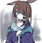  1girl amiya_(arknights) animal_ears arknights bangs blue_eyes blue_jacket blue_shirt brown_hair choker closed_mouth commentary hair_between_eyes heterochromia holding holding_clothes holding_jacket jacket long_hair long_sleeves looking_at_viewer originium_arts_(arknights) pout rabbit_ears shirt solo sukima_(crie) symbol-only_commentary 