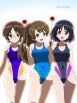  3girls artist_name black_hair blue_eyes blush breasts brown_eyes brown_hair closed_mouth collarbone competition_swimsuit covered_navel dated eyebrows_visible_through_hair girls_und_panzer glasses groin hair_ornament hair_ribbon highres inatomi_hibiki long_hair looking_at_viewer multiple_girls naotosi one-piece_swimsuit open_mouth ponytail purple_eyes ribbon round_eyewear sasagawa_kanon shiny shiny_hair short_hair small_breasts smile swimsuit takashima_remi thighs 