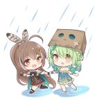  2girls bag_on_head bangs bow brown_eyes brown_hair ceres_fauna chibi cloak feather_hair_ornament feathers flower friend_(nanashi_mumei) green_hair hair_flower hair_ornament hairclip hololive hololive_english jacket jacket_removed long_hair multicolored_hair multiple_girls nanashi_mumei nikoo open_mouth ponytail rain smile streaked_hair very_long_hair virtual_youtuber yellow_eyes 