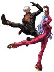  1boy 1girl blue_hair bodysuit breasts cross cross_necklace full_body gloves highres jacket jewelry k&#039;_(kof) kicking kula_diamond leather leather_jacket long_hair necklace purple_eyes short_hair simple_background small_breasts syachiiro tan the_king_of_fighters white_background white_hair 