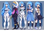  5girls ass ayanami_rei bag bangs black_bodysuit black_footwear blue_hair bodysuit boots breasts cup evangelion:_3.0+1.0_thrice_upon_a_time eyebrows_visible_through_hair food food_in_mouth full_body hair_ornament hat holding holding_cup holding_plant iganashi1 interface_headset long_hair looking_at_viewer medium_breasts mouth_hold multiple_girls neon_genesis_evangelion plugsuit rebuild_of_evangelion red_eyes school_bag school_uniform short_hair simple_background smile standing toast toast_in_mouth white_bodysuit 