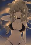  1girl absurdres animal_ears arknights arm_behind_back arm_behind_head bangs bare_shoulders bikini black_bikini black_choker blonde_hair blurry blurry_background breasts brown_eyes choker cloud dusk expressionless eyebrows_visible_through_hair hair_between_eyes highres hk_nnm large_breasts lion_ears lion_tail long_hair looking_at_viewer navel outdoors siege_(arknights) sky solo stomach string_bikini swimsuit tail thighs upper_body 