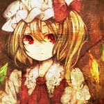  1girl ascot bangs blonde_hair bow closed_mouth collar collared_dress crystal dress eyebrows_visible_through_hair eyes_visible_through_hair flandre_scarlet garan_co hair_between_eyes hat hat_bow jewelry looking_to_the_side lowres mob_cap multicolored multicolored_wings one_side_up puffy_short_sleeves puffy_sleeves red_bow red_dress red_eyes red_neckwear shirt short_hair short_sleeves solo touhou upper_body white_headwear white_shirt white_sleeves wings 