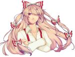  1girl bangs bow closed_mouth collar collared_shirt crossed_arms eyebrows_visible_through_hair eyes_visible_through_hair fujiwara_no_mokou garan_co hair_between_eyes hair_bow highres long_hair long_sleeves looking_to_the_side multicolored multicolored_bow pink_hair puffy_sleeves red_bow red_eyes shirt simple_background solo touhou upper_body white_background white_bow white_shirt white_sleeves 
