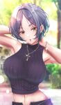  1girl :o armpits arms_behind_head arms_up bangs black_shirt blue_hair blurry blurry_background breasts cross cross_necklace dark_blue_hair ear_piercing eyebrows_visible_through_hair hayami_kanade highres idolmaster idolmaster_cinderella_girls jewelry koya_(koya_x_00) large_breasts light_blush light_particles looking_at_viewer navel necklace open_fly open_mouth outdoors parted_bangs piercing ribbed_shirt shirt short_hair signature sleeveless sleeveless_shirt solo sunlight unbuttoned upper_body yellow_eyes 