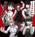  +_+ 2girls absurdres apron bangs black_eyes black_hair black_neckwear bow bowtie burger business_suit chainsaw_man choker collared_shirt crosshair crosshair_pupils crying demon_girl demon_horns dinoyhs food formal full_body hair_ornament hairclip higashiyama_kobeni highres holding holding_weapon horns knife looking_at_viewer mole mole_under_eye mole_under_mouth multiple_girls multiple_views necktie one_eye_closed pants pink_hair power_(chainsaw_man) red_horns shirt shirt_tucked_in shoes speech_bubble suit sweat tongue translation_request weapon yellow_eyes 