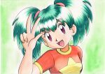  1girl :d bangs commentary_request duplica_(pokemon) eyebrows_visible_through_hair eyelashes green_background green_hair hand_up highres long_hair looking_at_viewer oka_mochi open_mouth orange_shirt pokemon pokemon_(anime) pokemon_(classic_anime) purple_eyes shirt short_sleeves smile solo tied_hair tongue traditional_media twintails upper_body w 