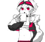  1girl absurdres bandaged_hands bandages bandeau breasts choker cleavage coffee_mug cropped_jacket cup empty_eyes goggles goggles_on_head hair_between_eyes highres holding holding_cup jacket long_sleeves looking_at_viewer medium_breasts mug navel niwamaru_(niwarhythm) niwarhythm open_clothes open_jacket original short_hair simple_background solo spitting stomach white_background 