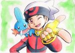  1boy ;d beanie black_hair commentary_request fingerless_gloves gloves green_background hand_up hat highres jacket long_sleeves male_focus mudkip oka_mochi on_shoulder one_eye_closed open_mouth pokemon pokemon_(creature) pokemon_adventures pokemon_on_shoulder purple_eyes red_jacket ruby_(pokemon) short_hair smile tongue traditional_media upper_body white_headwear yellow_gloves 