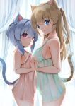  2girls animal_ears ass bangs bare_arms bare_shoulders blue_eyes blue_hair blush braid breasts brown_hair cat_ears cat_girl cat_tail closed_mouth commentary_request curtains eyebrows_visible_through_hair hair_between_eyes highres holding_hands interlocked_fingers lingerie looking_at_viewer medium_breasts multiple_girls negligee one_side_up original panties parted_lips purple_eyes see-through smile sora_(silent_square) tail tail_raised underwear underwear_only white_panties yellow_panties 