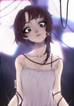  1girl asymmetrical_hair blurry blurry_background blush brown_eyes brown_hair camisole collarbone expressionless highres iwakura_lain serial_experiments_lain short_hair solo teyoid twitter_username upper_body white_camisole wire 