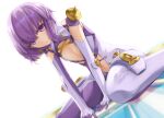  1girl ar_tonelico ar_tonelico_iii bodysuit braid closed_mouth detached_sleeves flat_chest gloves hair_ornament hazuki_akaoto looking_at_viewer navel purple_eyes purple_hair short_hair skin_tight smile solo tilia twin_braids 