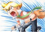  1boy bag bangs bicycle black_pants blonde_hair brown_bag collared_jacket commentary_request floating_scarf green_scarf ground_vehicle highres holding jacket male_focus oka_mochi open_mouth orange_eyes pants pearl_(pokemon) pokemon pokemon_adventures popped_collar riding_bicycle scarf short_hair short_sleeves shoulder_bag solo striped striped_jacket tongue traditional_media 