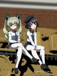  2girls 3d 3d_background :o ;) anchovy_(girls_und_panzer) anzio_school_uniform artist_name bangs belt beret black_belt black_footwear black_hair black_headwear black_neckwear black_ribbon black_skirt blurry blurry_background braid brown_eyes closed_mouth commentary dated depth_of_field dress_shirt drill_hair eyebrows_visible_through_hair girls_und_panzer green_hair ground_vehicle hair_ribbon hat highres loafers long_hair long_sleeves looking_at_viewer looking_to_the_side military military_vehicle miniskirt mixed_media motor_vehicle multiple_girls naotosi necktie on_vehicle one_eye_closed open_mouth pantyhose pepperoni_(girls_und_panzer) pleated_skirt ribbon school_uniform semovente_75/18 shirt shoes short_hair side_braid sitting skirt smile tank tilted_headwear twin_drills twintails v_arms white_legwear white_shirt wing_collar 
