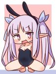  1girl animal_ears bangs bare_arms bare_legs bare_shoulders barefoot black_hairband black_leotard blue_ribbon blunt_bangs blush breasts brown_eyes chibi cleavage commentary_request covered_navel eyebrows_visible_through_hair fake_animal_ears full_body hair_ribbon hairband hana_kazari highres kyouka_(princess_connect!) leotard long_hair looking_at_viewer open_mouth playboy_bunny pointy_ears princess_connect! purple_hair rabbit_ears ribbon small_breasts solo spread_legs squatting strapless strapless_leotard twintails v-shaped_eyebrows very_long_hair wavy_mouth 