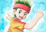  1boy :d blue_background cameron_(pokemon) clenched_hand commentary_request green_eyes green_hair hand_up headband highres looking_at_viewer looking_to_the_side male_focus oka_mochi open_mouth pokemon pokemon_(anime) pokemon_bw_(anime) red_headband shirt short_sleeves smile solo tongue traditional_media upper_body upper_teeth yellow_shirt 