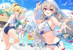  4girls :d ball bare_legs barefoot beach beachball bikini bird blonde_hair blue_eyes blue_hair blue_swimsuit breasts bunny_hair_ornament cowboy_shot crop_top detexted dutch_angle frilled_bikini frills front-tie_bikini front-tie_top green_eyes hair_ornament highres hisen_kaede igarashi_haruna large_breasts leaning_forward light_brown_hair looking_at_viewer low_twintails mahjong_soul mikami_chiori multiple_girls navel off_shoulder official_art one-piece_swimsuit one_side_up open_mouth outdoors outstretched_hand petals pink_eyes ribbon sailor_collar sailor_shirt sand see-through shiraishi_nana shirt side-tie_bikini small_breasts smile standing standing_on_one_leg stitched sunlight swimsuit swimsuit_under_clothes thigh_ribbon third-party_edit twintails wading water wet wet_clothes wet_shirt white_bikini wrist_cuffs xenia 
