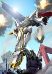  absurdres code_geass damaged glowing glowing_eyes green_eyes gun highres holding holding_gun holding_weapon knightmare_frame lancelot_(code_geass) lens_flare mecha no_humans open_hand science_fiction signature sky solo stg_stg weapon 