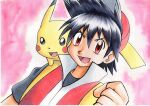  1boy :d bangs baseball_cap black_hair black_shirt clenched_hand commentary_request hair_between_eyes hand_up hat highres jacket looking_at_viewer male_focus oka_mochi on_shoulder open_mouth pika_(pokemon) pikachu pink_background pokemon pokemon_(creature) pokemon_adventures pokemon_on_shoulder popped_collar red_(pokemon) red_eyes red_headwear red_jacket shirt short_hair sleeveless sleeveless_jacket smile spiked_hair t-shirt tongue traditional_media 