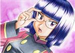  1girl adjusting_eyewear bangs blunt_bangs breasts commentary_request glasses hand_up highres jacket long_sleeves looking_to_the_side matori_(pokemon) oka_mochi open_mouth pokemon pokemon_(anime) pokemon_dppt_(anime) purple_background purple_eyes purple_hair short_hair solo team_rocket tongue traditional_media upper_body 
