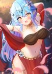  1girl arm_behind_head armlet bandeau bangs blue_hair breasts circlet cleavage colored_tips contrapposto dancer dancing elf hair_between_eyes harem_outfit head_wreath highres hololive jewelry large_breasts long_hair looking_at_viewer midriff multicolored_hair navel neck_ring onabe_no_shime open_mouth pointy_ears red_skirt shawl side_slit skirt solo stomach streaked_hair thighlet very_long_hair virtual_youtuber yellow_eyes yukihana_lamy 
