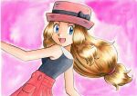  1girl :d bare_arms black_bow black_shirt blonde_hair blue_eyes bow commentary_request eyelashes floating_hair hat hat_bow highres long_hair looking_back oka_mochi open_mouth pink_headwear pleated_skirt pokemon pokemon_(anime) pokemon_xy_(anime) purple_background red_skirt serena_(pokemon) shirt skirt sleeveless sleeveless_shirt smile solo tied_hair tongue traditional_media 