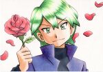  1boy bangs black_shirt closed_mouth commentary_request drew_(pokemon) flower green_eyes green_hair grey_background hair_between_eyes highres holding holding_flower jacket long_sleeves looking_at_viewer male_focus oka_mochi petals pokemon pokemon_(anime) pokemon_rse_(anime) popped_collar purple_jacket red_flower shirt short_hair smile solo split_mouth traditional_media upper_body 