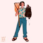  1girl absurdres backpack bag black_hair blue_nails blue_pants butterfly_net collared_shirt dated dripping hand_net highres holding holding_bag holding_butterfly_net original pants print_shirt sandals shirt short_hair short_sleeves signature simple_background smile solo tomidoron wet white_background 