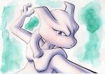  commentary_request green_background grey_eyes hand_up highres legendary_pokemon looking_at_viewer mewtwo no_humans oka_mochi outstretched_arm pokemon pokemon_(creature) solo traditional_media upper_body 