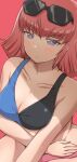  1girl arasa_ol_haman-sama bangs bikini black_bikini blue_bikini blush breasts cleavage collarbone eyebrows_visible_through_hair eyewear_on_head gundam haman_karn highres iwasaki_masakazu medium_breasts official_art pink_bikini pink_hair purple_eyes solo sunglasses swimsuit two-tone_bikini v-shaped_eyebrows 