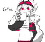  1girl absurdres bandaged_hands bandages bandeau breasts choker cleavage coffee_mug cropped_jacket cup goggles goggles_on_head hair_between_eyes highres holding holding_cup jacket long_sleeves looking_at_viewer medium_breasts mug navel niwamaru_(niwarhythm) niwarhythm open_clothes open_jacket original short_hair simple_background sipping solo stomach white_background 