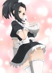  +_+ 1girl absurdres alternate_costume apron arms_behind_back ass black_hair boku_no_hero_academia breasts cleavage dress enmaided feet_out_of_frame forehead frilled_apron frilled_dress frilled_gloves frilled_legwear frilled_shirt frills gloves highres knees_out_of_frame large_breasts maid ponytail shiny shiny_hair shirt sideboob smile solo sparkling_eyes thighhighs thighs toukaaa v-shaped_eyebrows yaoyorozu_momo 