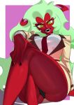  1girl absurdres black_nails colored_skin crossed_legs demon_girl feet_out_of_frame green_eyes green_hair highres horns long_hair long_sleeves looking_at_viewer necktie nia_(nia4294) open_mouth panty_&amp;_stocking_with_garterbelt purple_background red_neckwear red_skin scanty_(psg) shadow shirt smile solo very_long_hair white_shirt 