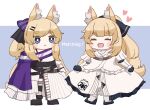  2girls :d animal_ear_fluff animal_ears arknights aunt_and_niece black_bow black_footwear black_gloves blemishine_(arknights) blonde_hair blue_background blush_stickers bow cape chibi clothes_lift dress dress_lift english_text eyebrows_visible_through_hair gloves hair_bow hair_ornament hairclip happy heart highres horse_ears horse_girl horse_tail lifted_by_self long_hair multiple_girls open_mouth ponytail purple_bow purple_cape shirt sidelocks simple_background smile someyaya striped striped_bow tail thick_eyebrows two-tone_background very_long_hair whislash_(arknights) whislash_(glory_purple)_(arknights) white_background white_dress white_shirt 