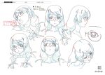  1girl angry bakemonogatari braid character_sheet color_trace expressions glasses hair_ribbon hanekawa_tsubasa highres looking_at_viewer monogatari_(series) multiple_views official_art partially_colored portrait production_art production_note profile ribbon rimless_eyewear scan shouting sideways_glance simple_background turnaround white_background zip_available 