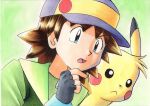  1boy bangs baseball_cap blue_eyes brown_hair commentary_request fingerless_gloves gloves green_background green_jacket grey_gloves hand_up hat highres jacket looking_down male_focus oka_mochi open_mouth pikachu pokemon pokemon_(anime) pokemon_(classic_anime) ritchie_(pokemon) sparky_(pokemon) spiked_hair tongue traditional_media 