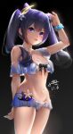  1girl bangs bikini black_background breasts cleavage collarbone commentary_request double_bun eyebrows_visible_through_hair genshin_impact hair_between_eyes hair_ornament highres keqing_(genshin_impact) long_hair looking_at_viewer midriff navel parted_lips purple_eyes purple_hair salute scrunchie sidelocks signature simple_background solo swimsuit twintails underboob white_bikini wrist_scrunchie xiaoyu 