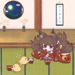  1girl amagi-chan_(azur_lane) animal_ears azur_lane bangs bare_shoulders bell bird black_legwear blunt_bangs brown_hair brown_tail chibi chick cloud commentary_request dango eyebrows_visible_through_hair flying_sweatdrops food fox_ears fox_girl fox_tail full_body full_moon hair_intakes hanging_scroll indoors japanese_clothes kimono long_hair looking_at_another manjuu_(azur_lane) mokezi moon multiple_tails night off-shoulder_kimono off_shoulder pantyhose purple_eyes purple_kimono red_kimono rope scroll seiza shimenawa sidelocks sitting tail tatami thick_eyebrows translation_request tsukimi tsukimi_dango twintails wagashi wide_sleeves window 