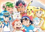  3boys 3girls :d alolan_form alolan_vulpix ash_ketchum bangs baseball_cap black_hair blonde_hair blue_eyes blue_hair blue_sailor_collar blue_swimsuit blush_stickers closed_eyes closed_mouth commentary_request dress eyelashes flower green_eyes green_hair grin hair_flower hair_ornament hat highres holding holding_pokemon kiawe_(pokemon) lana_(pokemon) lillie_(pokemon) long_hair mallow_(pokemon) multiple_boys multiple_girls oka_mochi on_head open_mouth orange_hair pikachu pink_flower pokemon pokemon_(anime) pokemon_(creature) pokemon_on_head pokemon_sm_(anime) red_hair red_headwear sailor_collar shirt short_hair sleeveless sleeveless_dress smile sophocles_(pokemon) swept_bangs swimsuit swimsuit_under_clothes teeth togedemaru tongue upper_teeth white_headwear white_shirt 