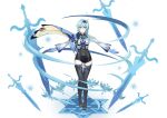  1girl bangs black_legwear black_leotard blue_hair cape claymore_(sword) commentary_request eula_(genshin_impact) eyebrows_visible_through_hair full_body genshin_impact greatsword hair_between_eyes hair_ornament hairband highres ice_crystal leotard long_hair long_sleeves looking_at_viewer necktie outstretched_arms parody pose purple_eyes qiqi_(genshin_impact) sidelocks simple_background solo spread_arms standing thighhighs two-tone_gloves vision_(genshin_impact) white_background yanwu-ji zettai_ryouiki 