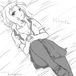  1girl bangs bed_sheet blush boku_no_hero_academia bra breasts buthikireta cleavage commentary_request dated from_above greyscale interlocked_fingers looking_at_viewer lying medium_breasts monochrome on_back on_bed own_hands_together pantyhose pleated_skirt shirt shoes short_hair short_sleeves skirt solo translation_request twitter_username underwear undone_necktie 