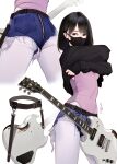  1girl absurdres arms_up artist_name ass ass_zipper bangs belt black_eyes black_hair black_sweater blue_shorts commentary_request covered_navel cowboy_shot cropped_legs cutoffs electric_guitar eyebrows_visible_through_hair guitar highres hitomi_o instrument leotard leotard_under_clothes long_sleeves looking_at_viewer mask mouth_mask multiple_views original pantyhose pink_leotard short_hair short_shorts shorts signature simple_background sleeves_past_wrists sweater undressing v-shaped_eyebrows white_background white_legwear 