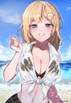  1girl absurdres bangs beach bikini blonde_hair blue_eyes blush breasts brown_bikini brown_skirt cleavage clenched_hand cloud collarbone collared_shirt day dress_shirt eyebrows_visible_through_hair grin hair_ornament highres hololive hololive_english iver_(reviolet) large_breasts long_hair long_sleeves looking_at_viewer monocle_hair_ornament ocean open_clothes open_shirt plaid plaid_bikini plaid_skirt see-through shirt skirt sky sleeves_pushed_up smile solo swimsuit tied_shirt twitter_username virtual_youtuber water watson_amelia wet wet_clothes white_shirt wing_collar 