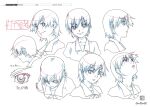  1girl bakemonogatari character_sheet closed_eyes color_trace expressions highres kanbaru_suruga looking_at_viewer looking_down looking_up monogatari_(series) multiple_views official_art partially_colored portrait production_art production_note scan short_hair simple_background smirk thick_eyebrows turnaround very_short_hair white_background zip_available 